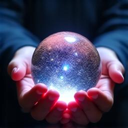Hands holding a crystal ball with cosmic dust inside