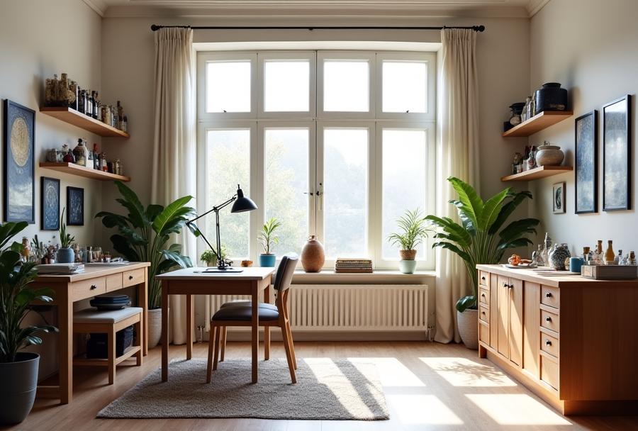 A serene and creatively inspiring studio space with celestial motifs and natural light.