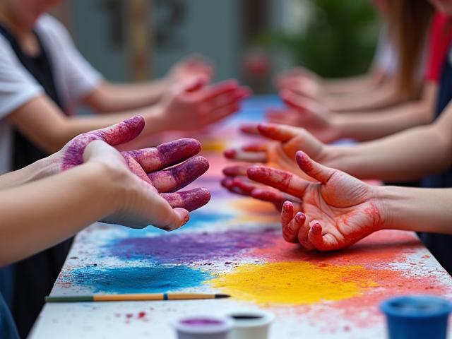 Participants joyfully engaging in a color mixing activity, hands covered in vibrant pigments, during a past Indigo Aura workshop.