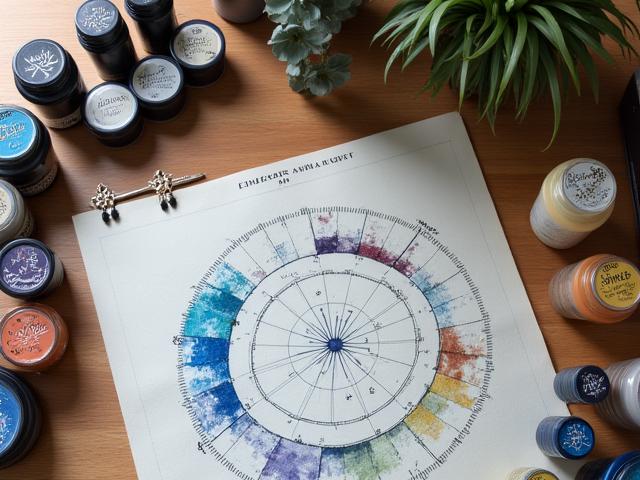 A close-up of a neatly arranged workstation with small jars of Indigo Aura's ethically sourced pigments, paintbrushes, and an astrological chart open for reference.