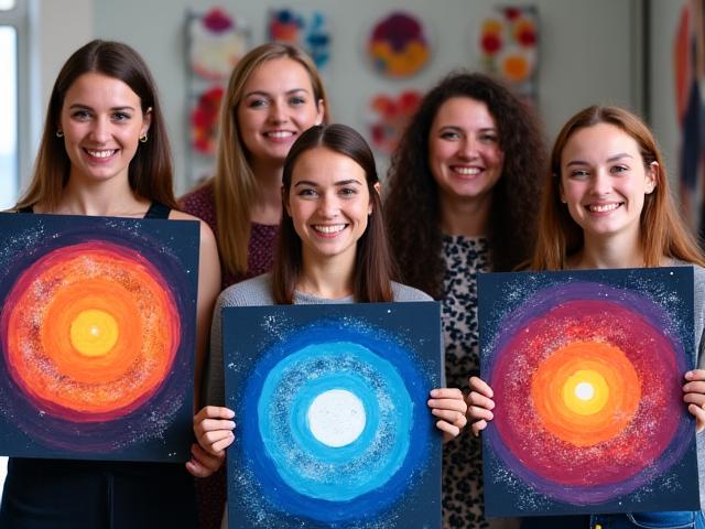 Happy workshop participants showcasing their finished artwork, which features abstract representations of celestial bodies and colorful auras, smiling broadly.