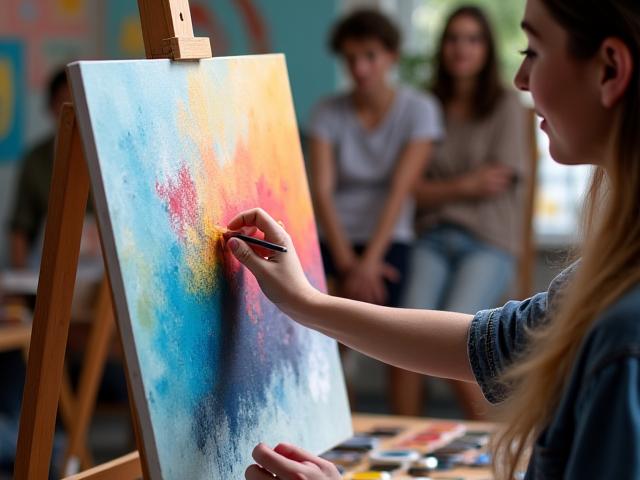 An instructor demonstrating a unique painting technique on a canvas, with students attentively watching in the background during a focused learning moment.