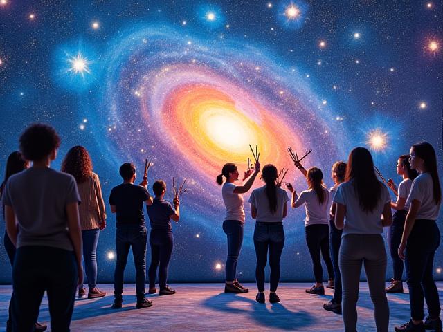 Diverse individuals collaborating on a large communal art project, using various Indigo Aura pigments to paint a mural of a galaxy, fostering a sense of shared creativity.