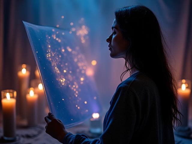 A serene moment of reflection, with a single participant meditating or contemplating their astrological art piece in a dimly lit, atmospheric studio, bathed in soft, ethereal light.